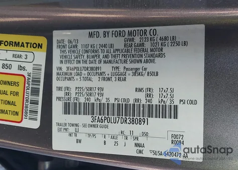 2013 Ford Fusion Hybrid Se from USA, damaged, VIN 3FA6P0LU7DR380891